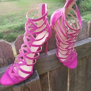 Womens Fuchsia strappy zipper heels pink pumps